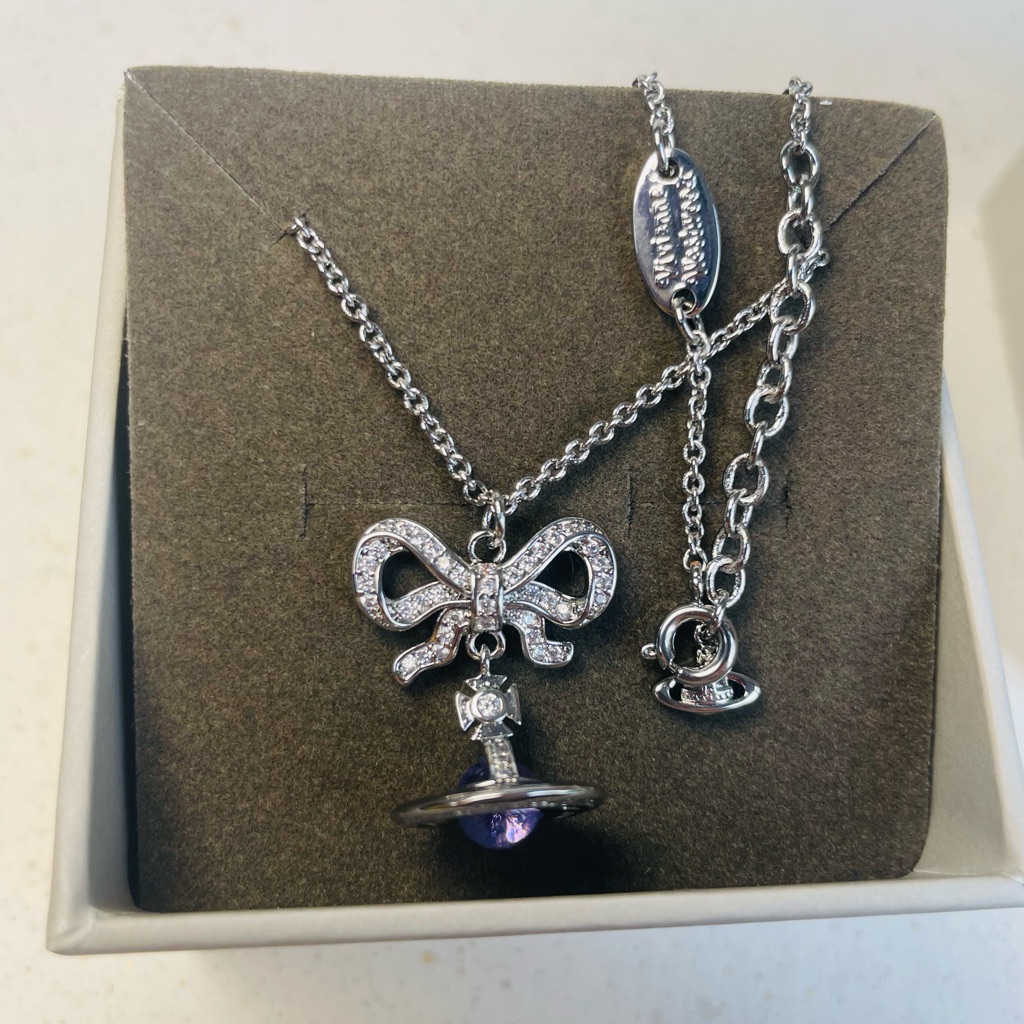 Vivienne Westwood Silver Octavia Bow Necklace With Saturn Amethyst Pendant
